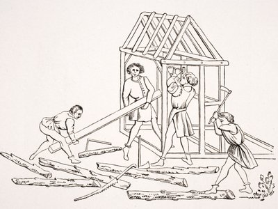 Timmerlieden, naar een miniatuur in een 15e-eeuws manuscript, 